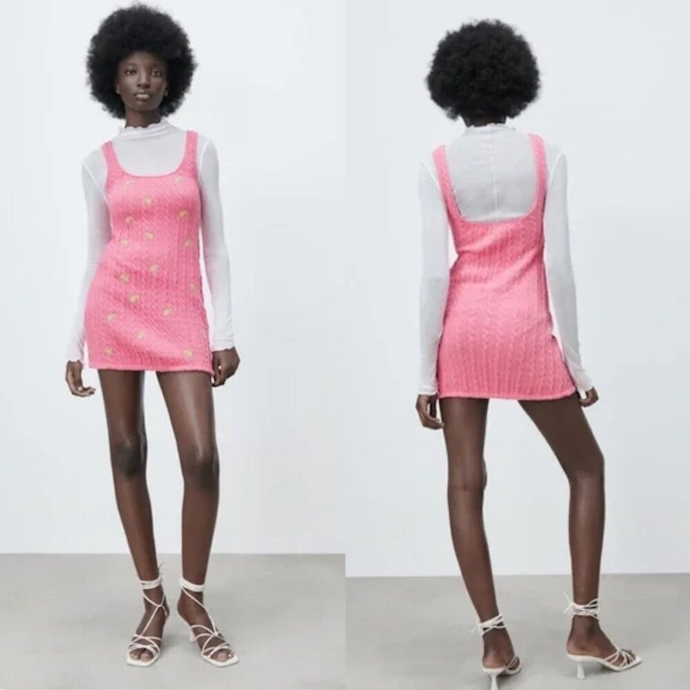 NWT New Zara Cable Knit Embroidered Floral Pink Dress Size L